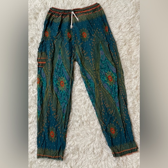 Majestic Peacock Boho Festival Hippie Indie Gypsy Harlem Palazzo Pants Green S M - Picture 2 of 14